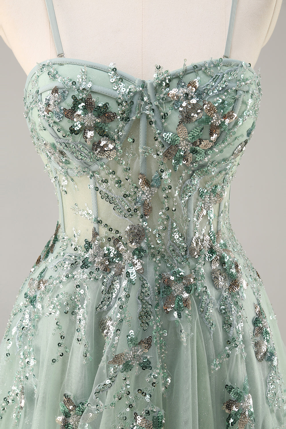Blue Strapless A Line Sequins Tulle Corset Long Prom Dress With Slit