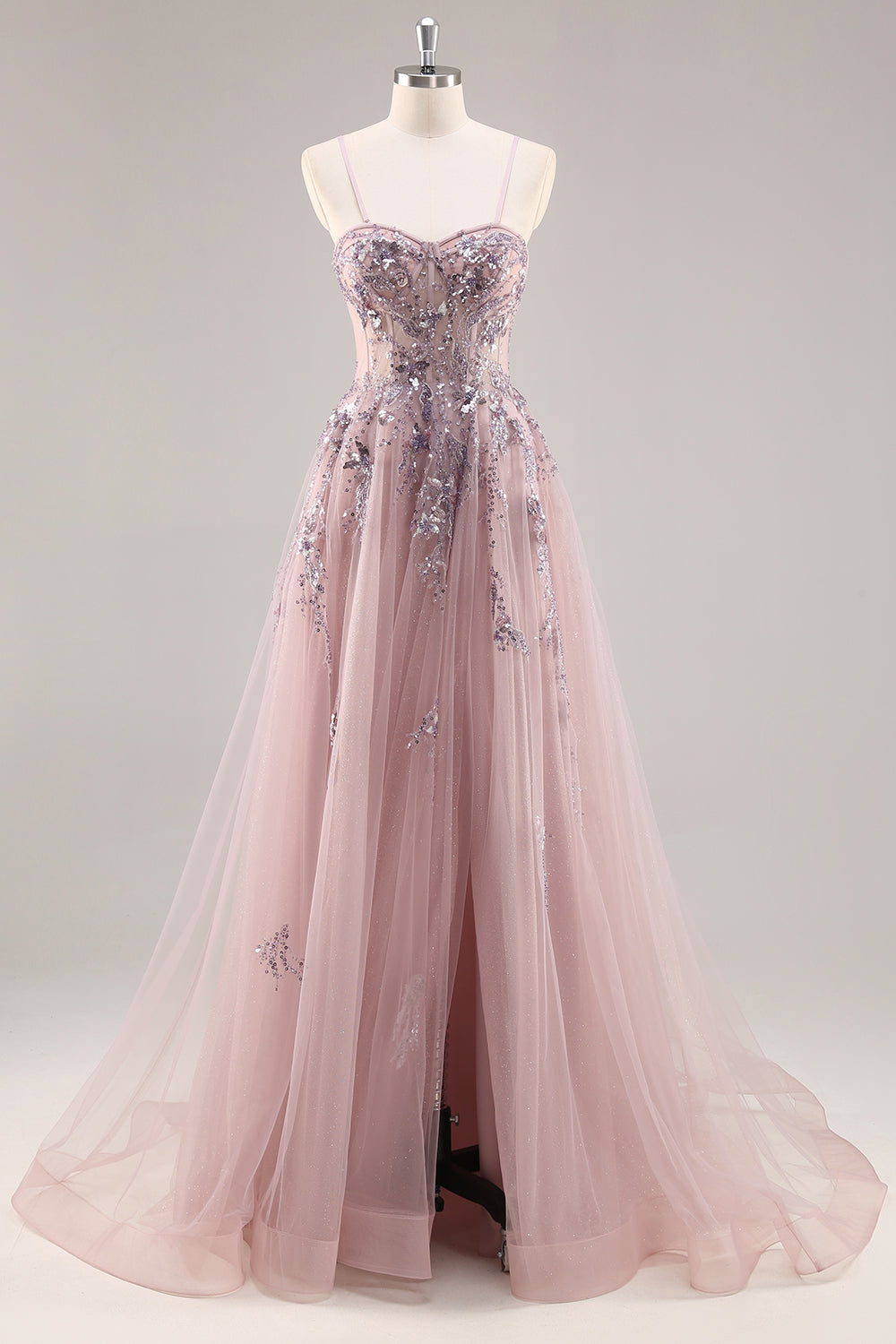 Blue Strapless A Line Sequins Tulle Corset Long Prom Dress With Slit