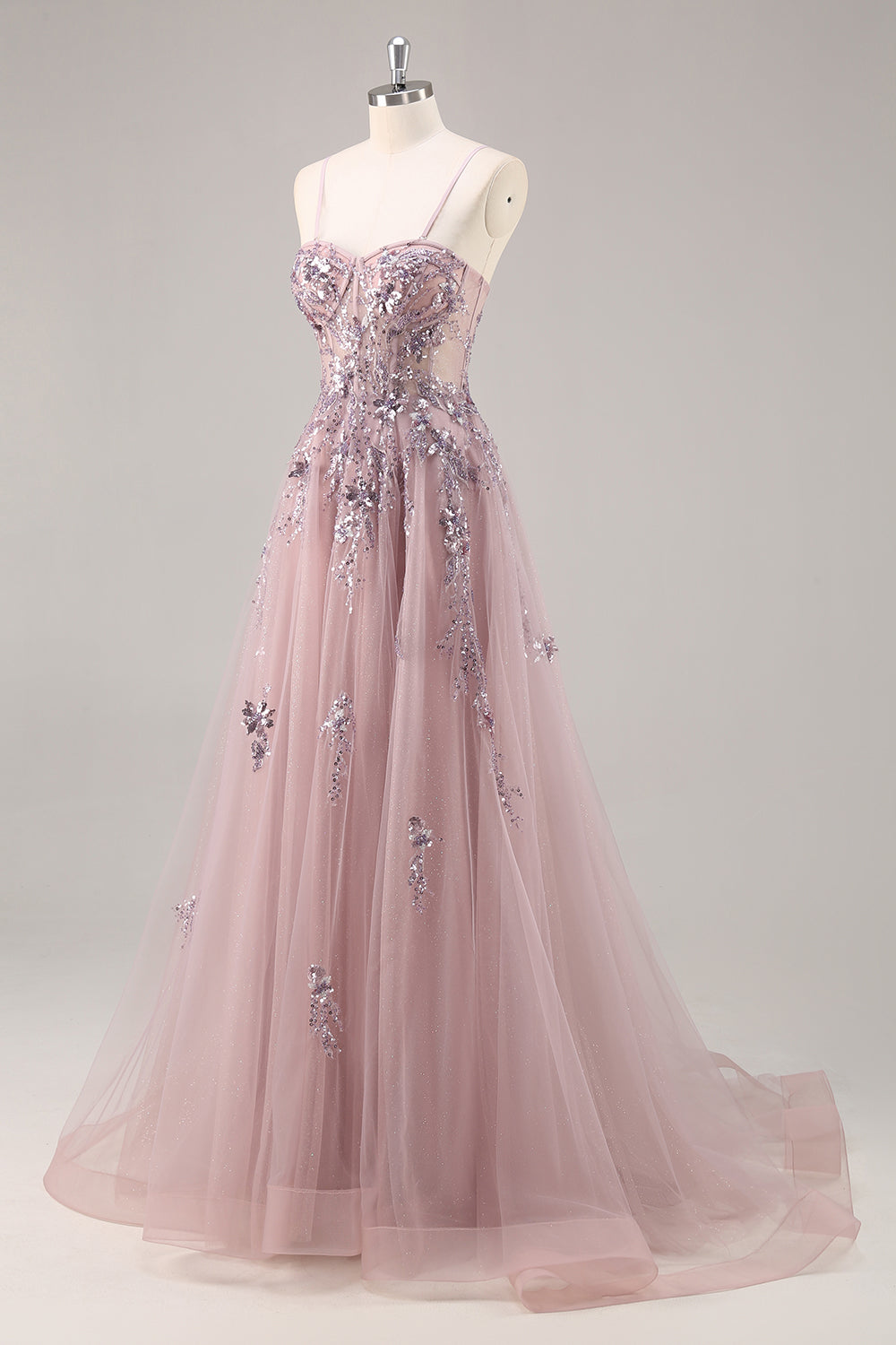 Blue Strapless A Line Sequins Tulle Corset Long Prom Dress With Slit