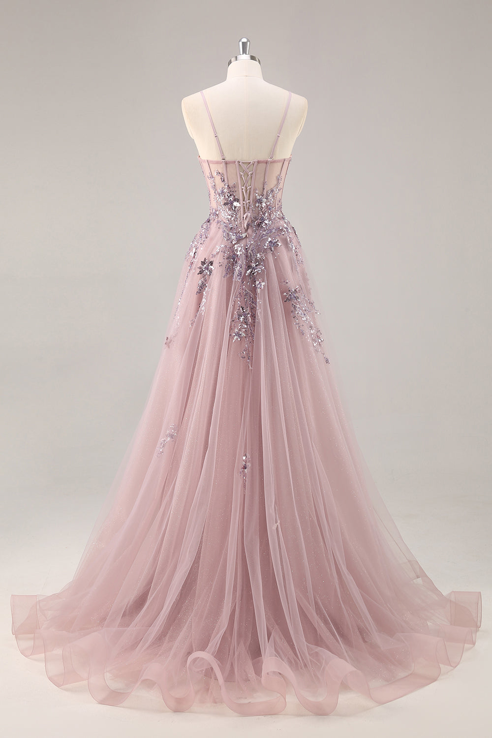 Navy A Line Strapless Sequins Tulle Corset Long Prom Dress With Slit