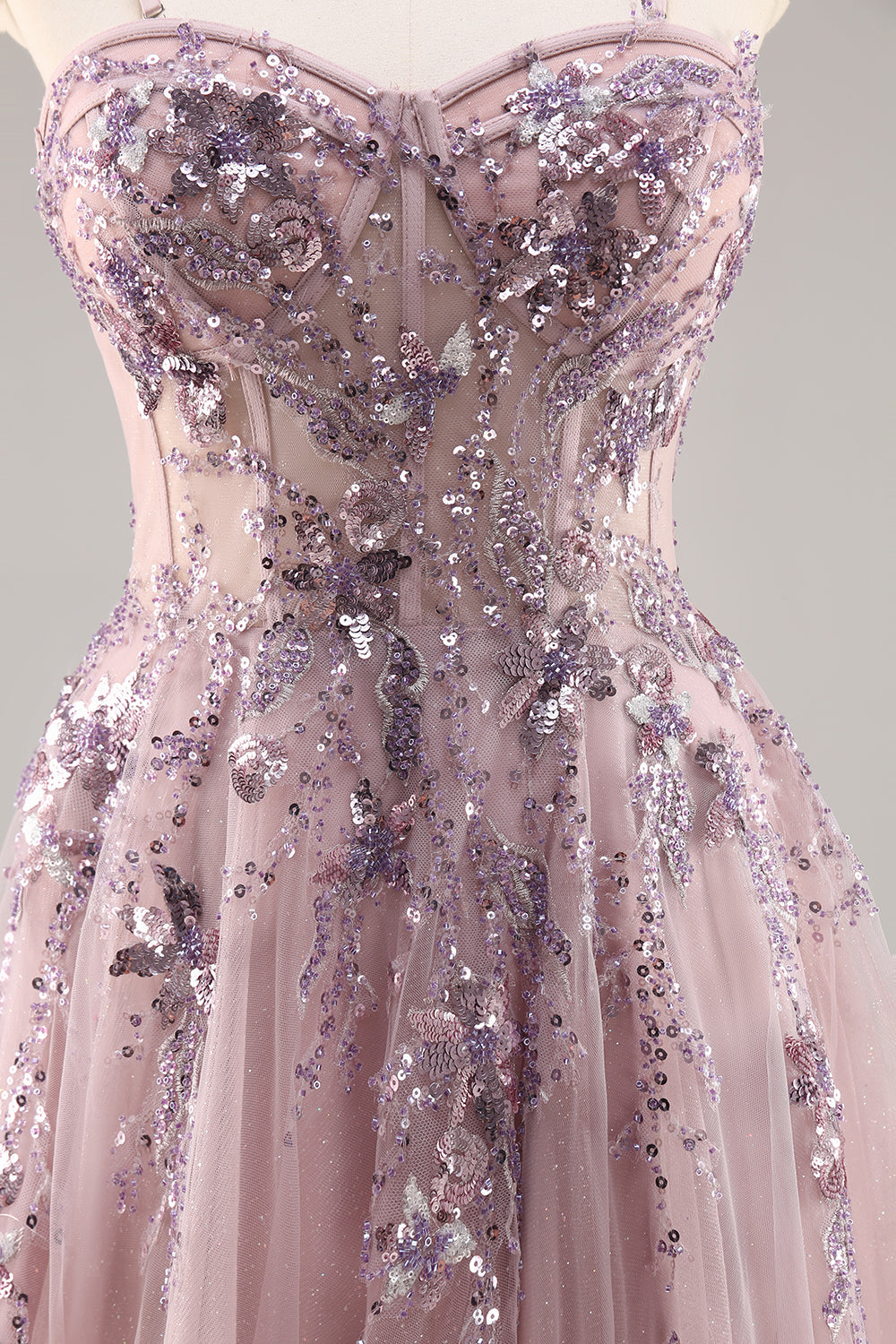 Blue Strapless A Line Sequins Tulle Corset Long Prom Dress With Slit