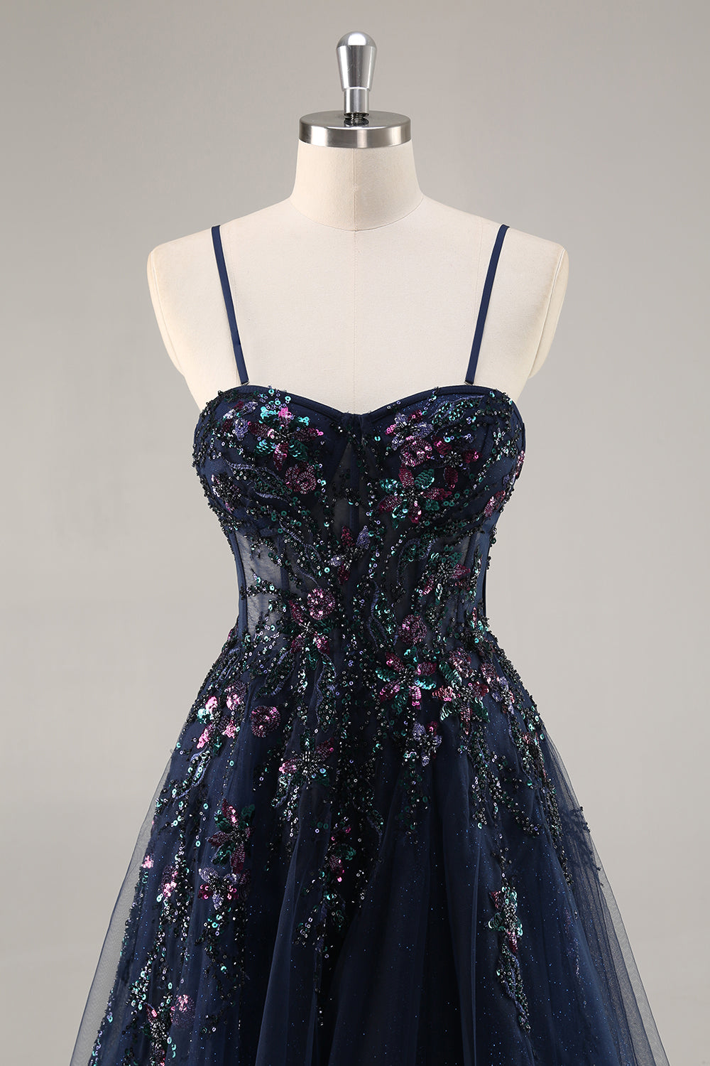 Navy A Line Strapless Sequins Tulle Corset Long Prom Dress With Slit
