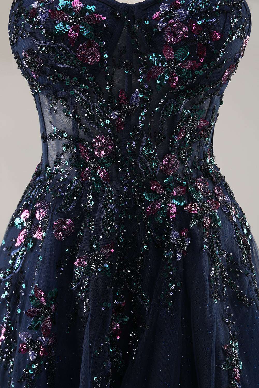 Blue Strapless A Line Sequins Tulle Corset Long Prom Dress With Slit