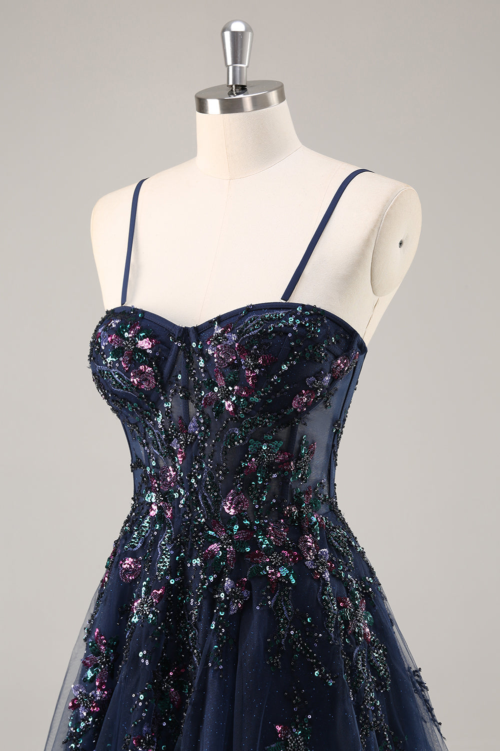 Navy A Line Strapless Sequins Tulle Corset Long Prom Dress With Slit