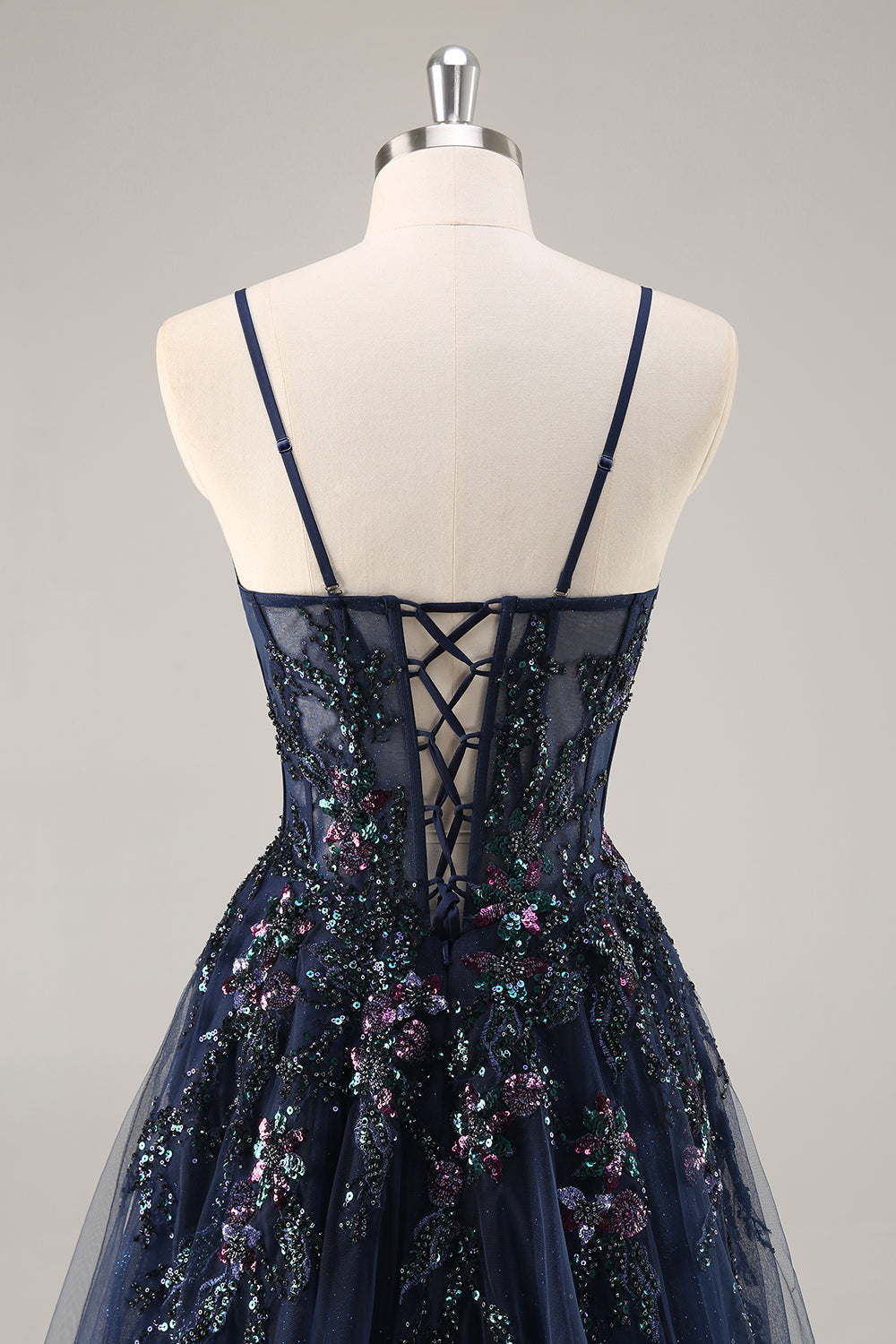 Navy A Line Strapless Sequins Tulle Corset Long Prom Dress With Slit
