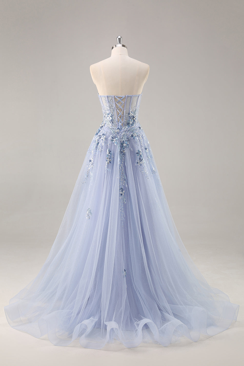 Navy A Line Strapless Sequins Tulle Corset Long Prom Dress With Slit