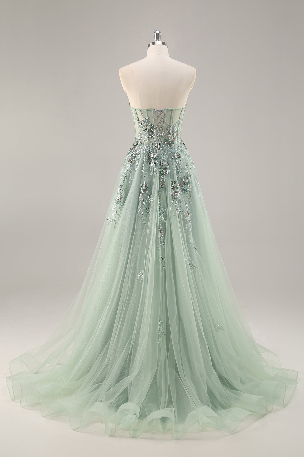Navy A Line Strapless Sequins Tulle Corset Long Prom Dress With Slit
