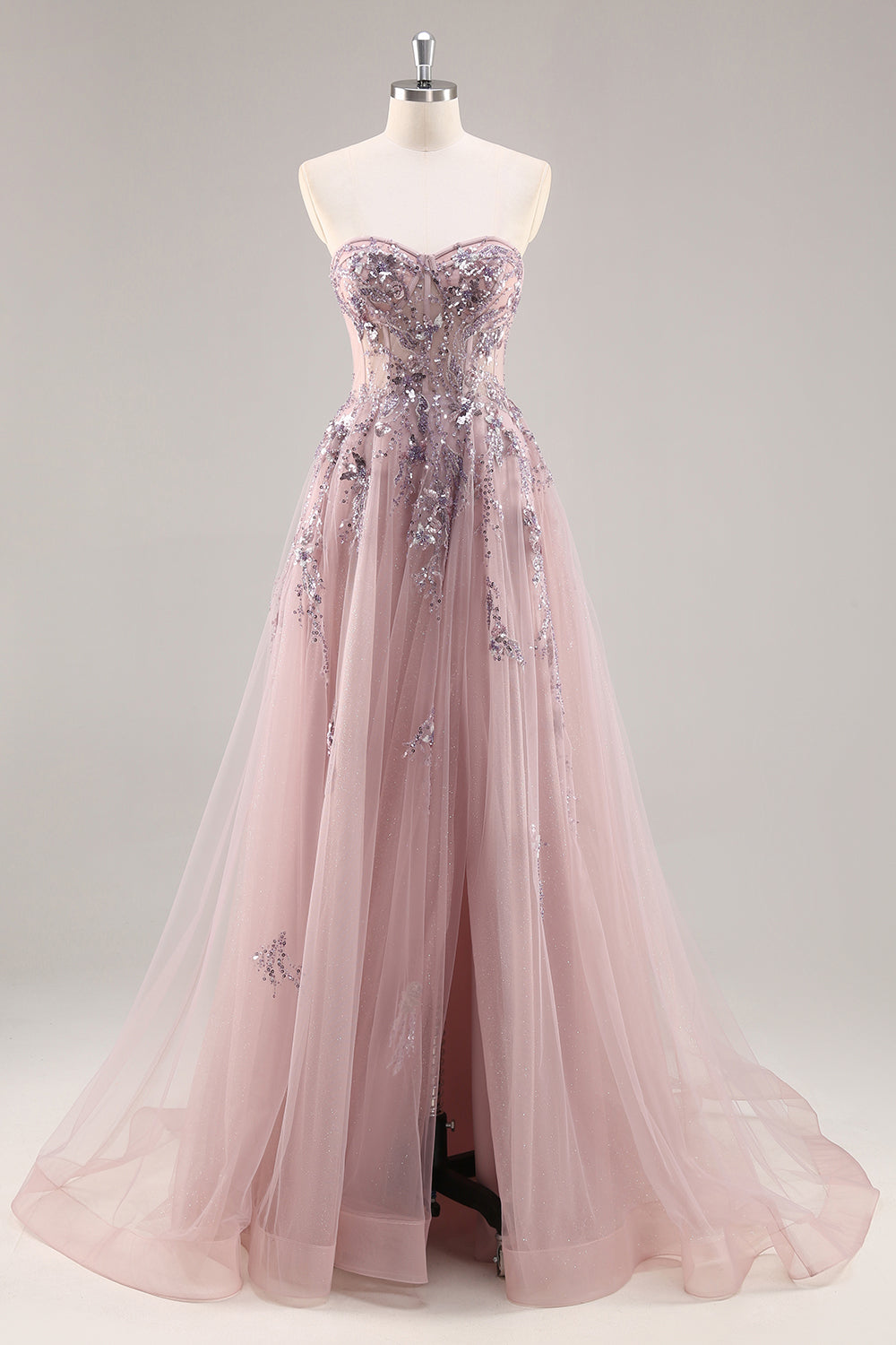 Blue Strapless A Line Sequins Tulle Corset Long Prom Dress With Slit