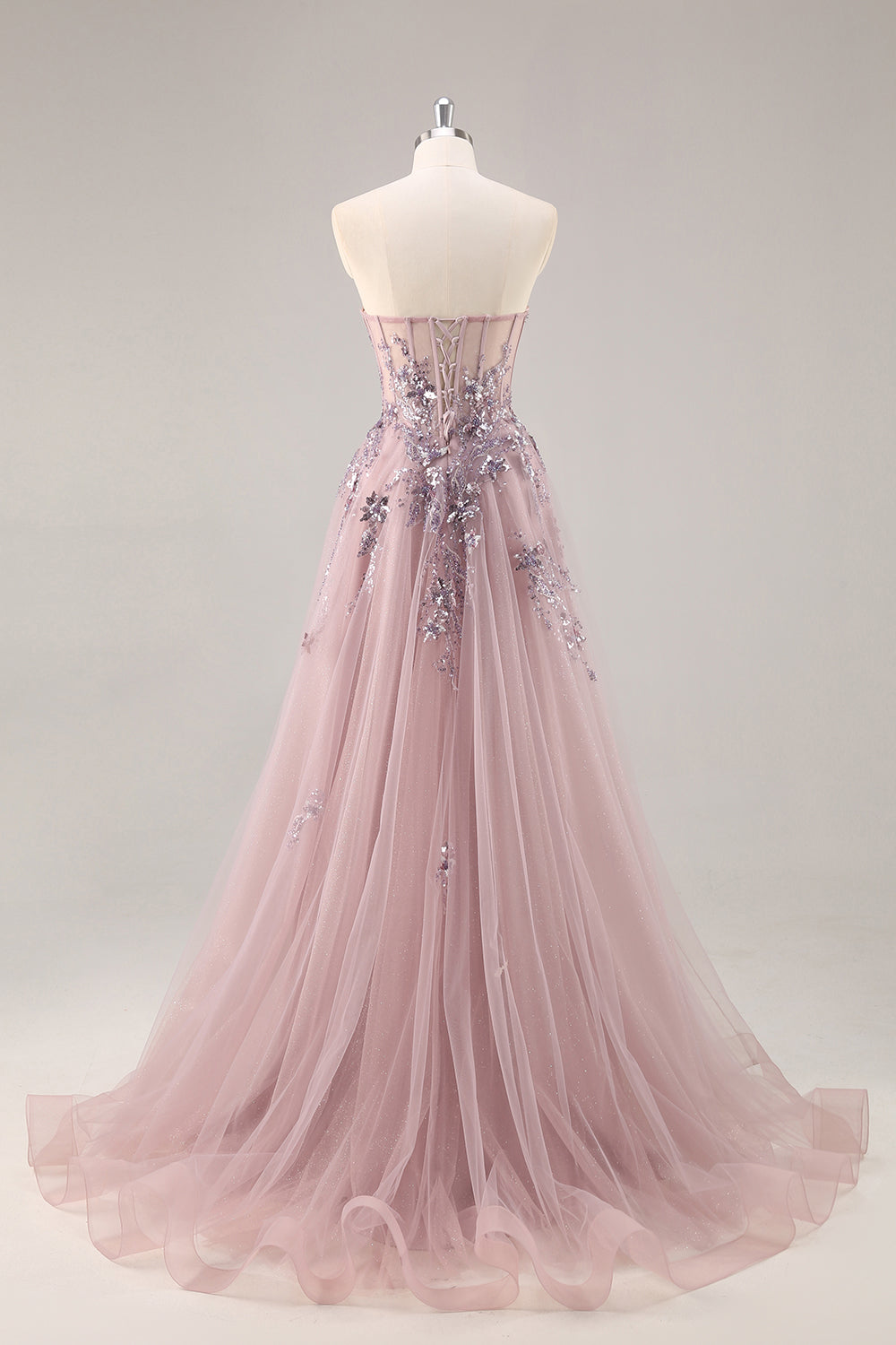 Blue Strapless A Line Sequins Tulle Corset Long Prom Dress With Slit
