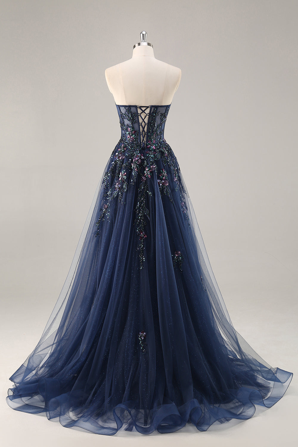 Navy A Line Strapless Sequins Tulle Corset Long Prom Dress With Slit