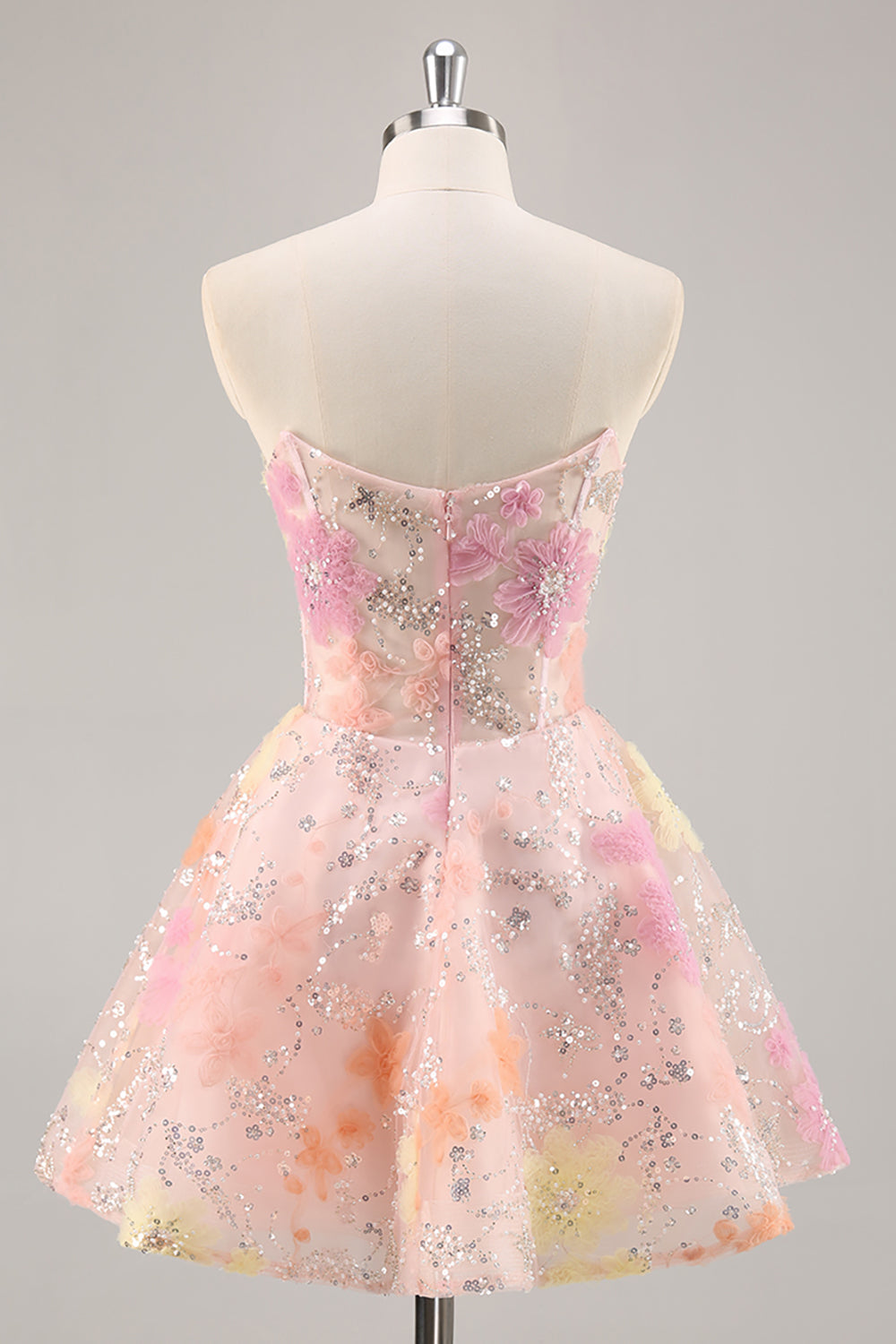 Sparkly Pink Corset Floral Strapless Short Homecoming Dress with Beading