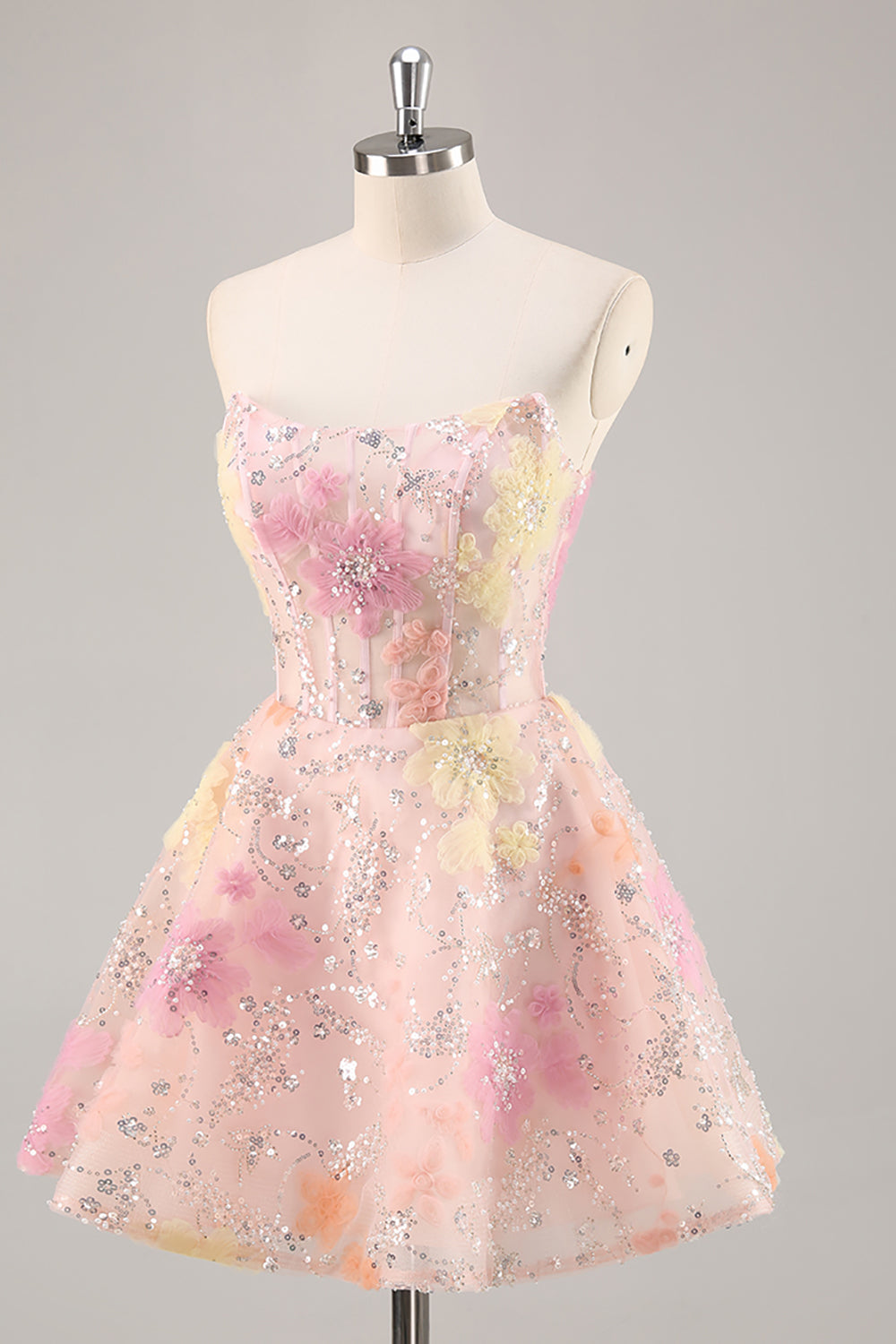 Sparkly Pink Corset Floral Strapless Short Homecoming Dress with Beading