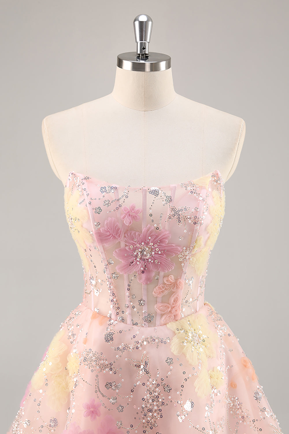 Sparkly Pink Corset Floral Strapless Short Homecoming Dress with Beading