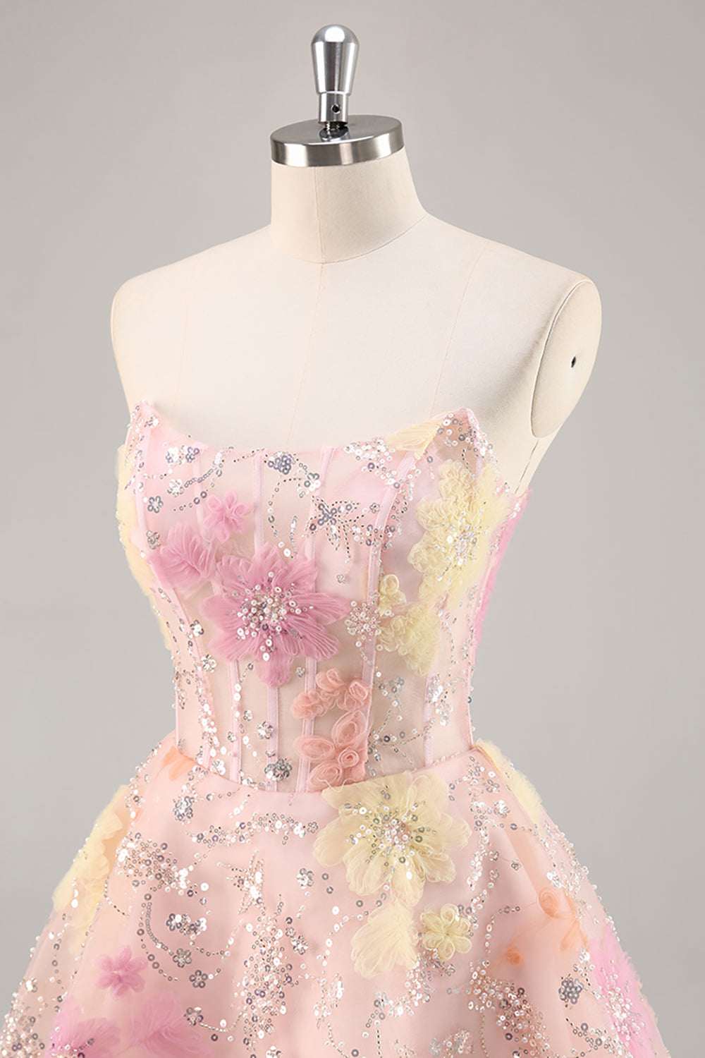 Sparkly Pink Corset Floral Strapless Short Homecoming Dress with Beading
