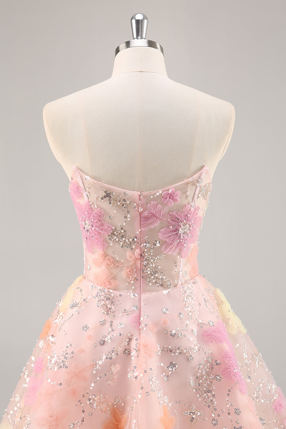 Sparkly Pink Corset Floral Strapless Short Homecoming Dress with Beading