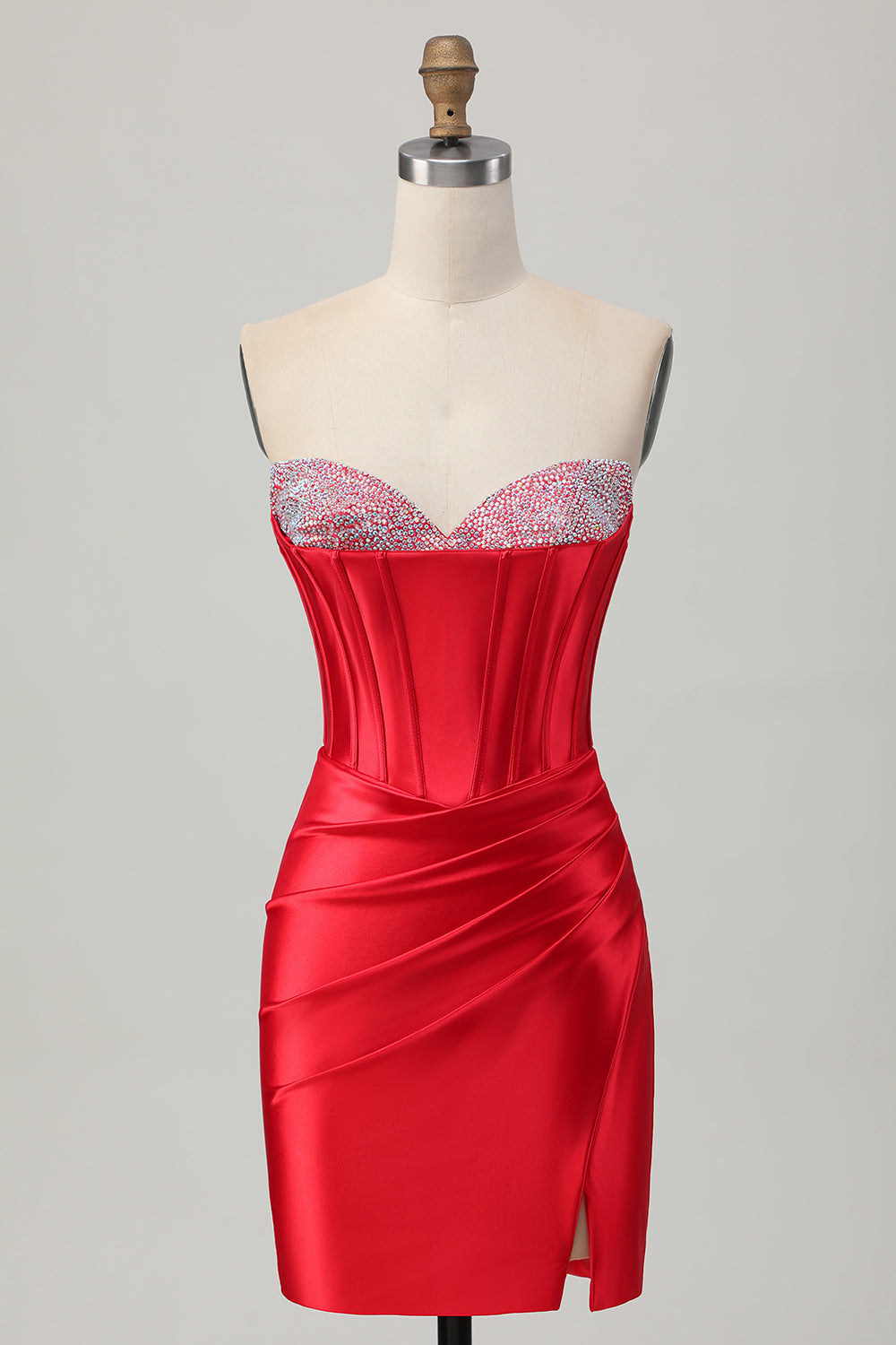 Sparkly Red Satin Corset Sweetheart Short Beaded Homecoming Dress with Slit