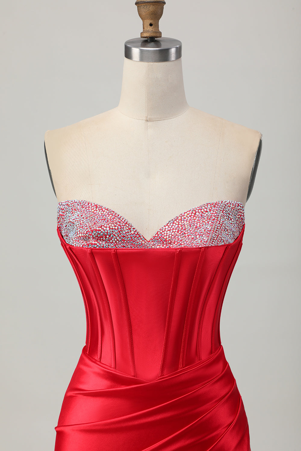 Sparkly Red Satin Corset Sweetheart Short Beaded Homecoming Dress with Slit