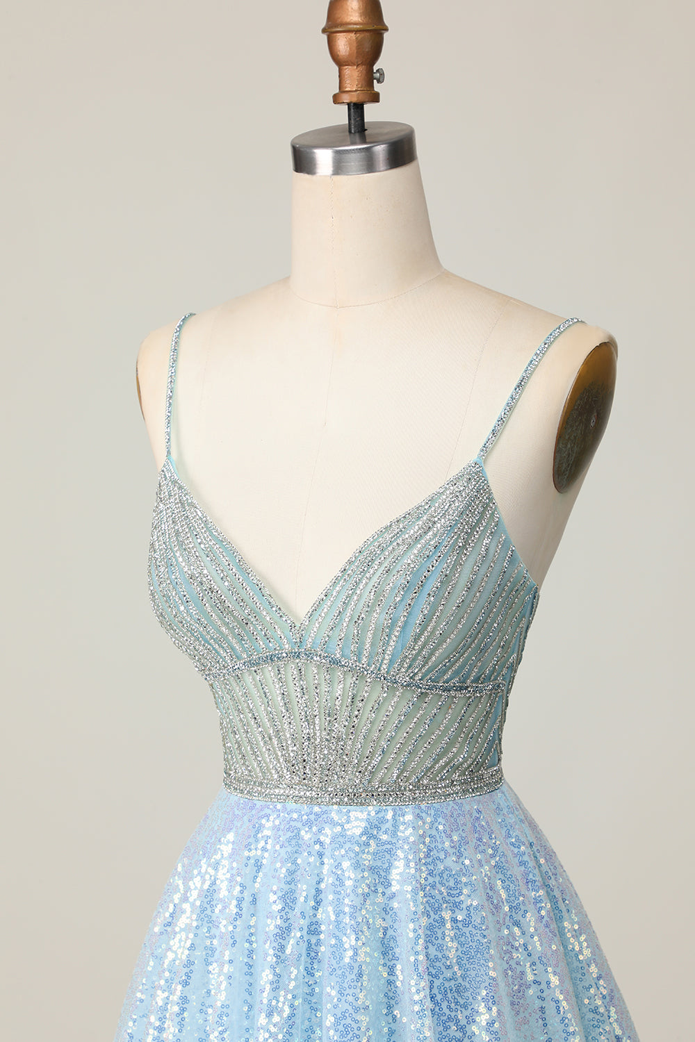 Sparkly Light Blue Sequin Spaghetti Straps Short Homecoming Dress with Beading