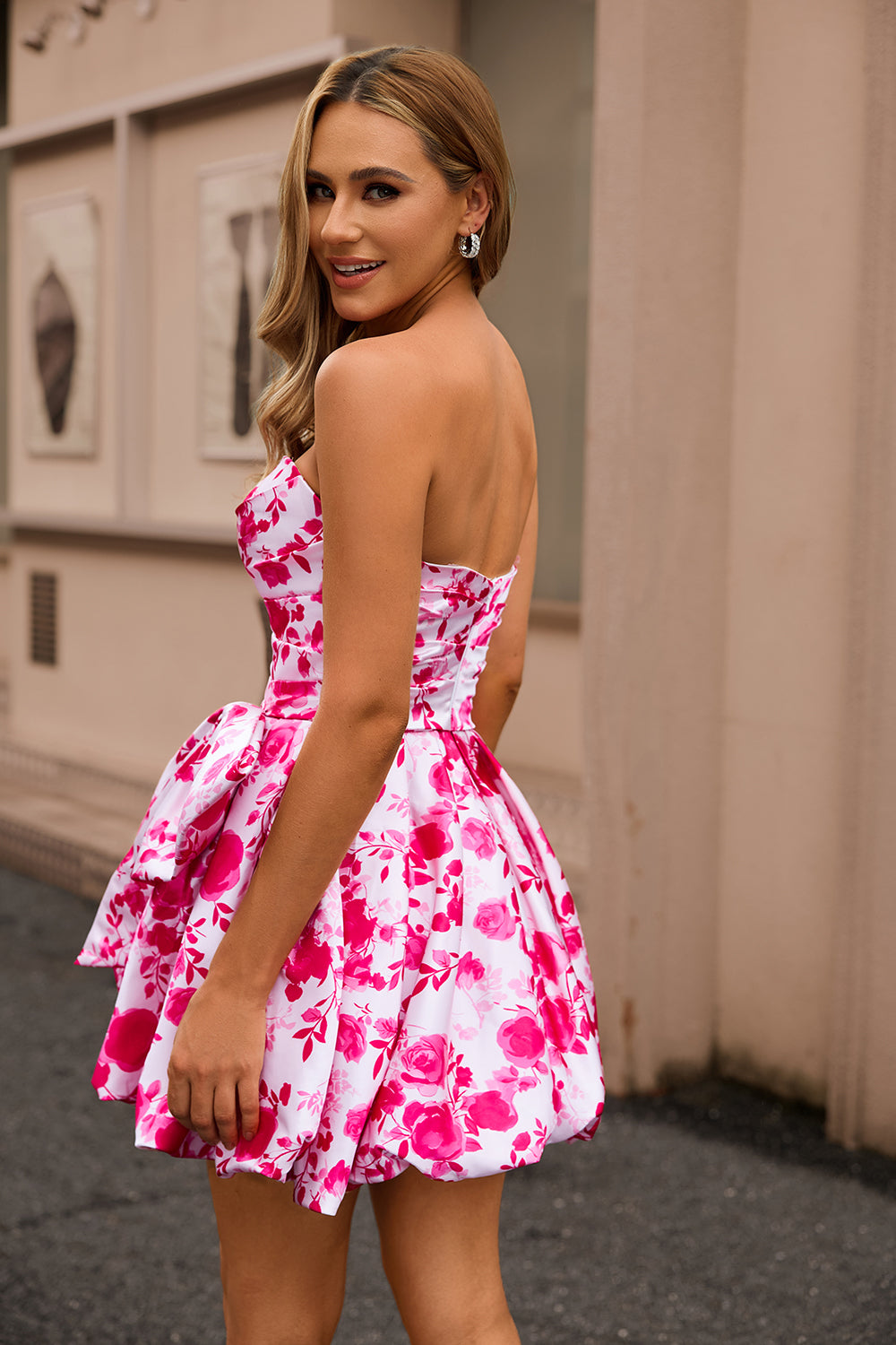 Floral Fuchsia A Line Strapless Short Homecoming Dress with Bow