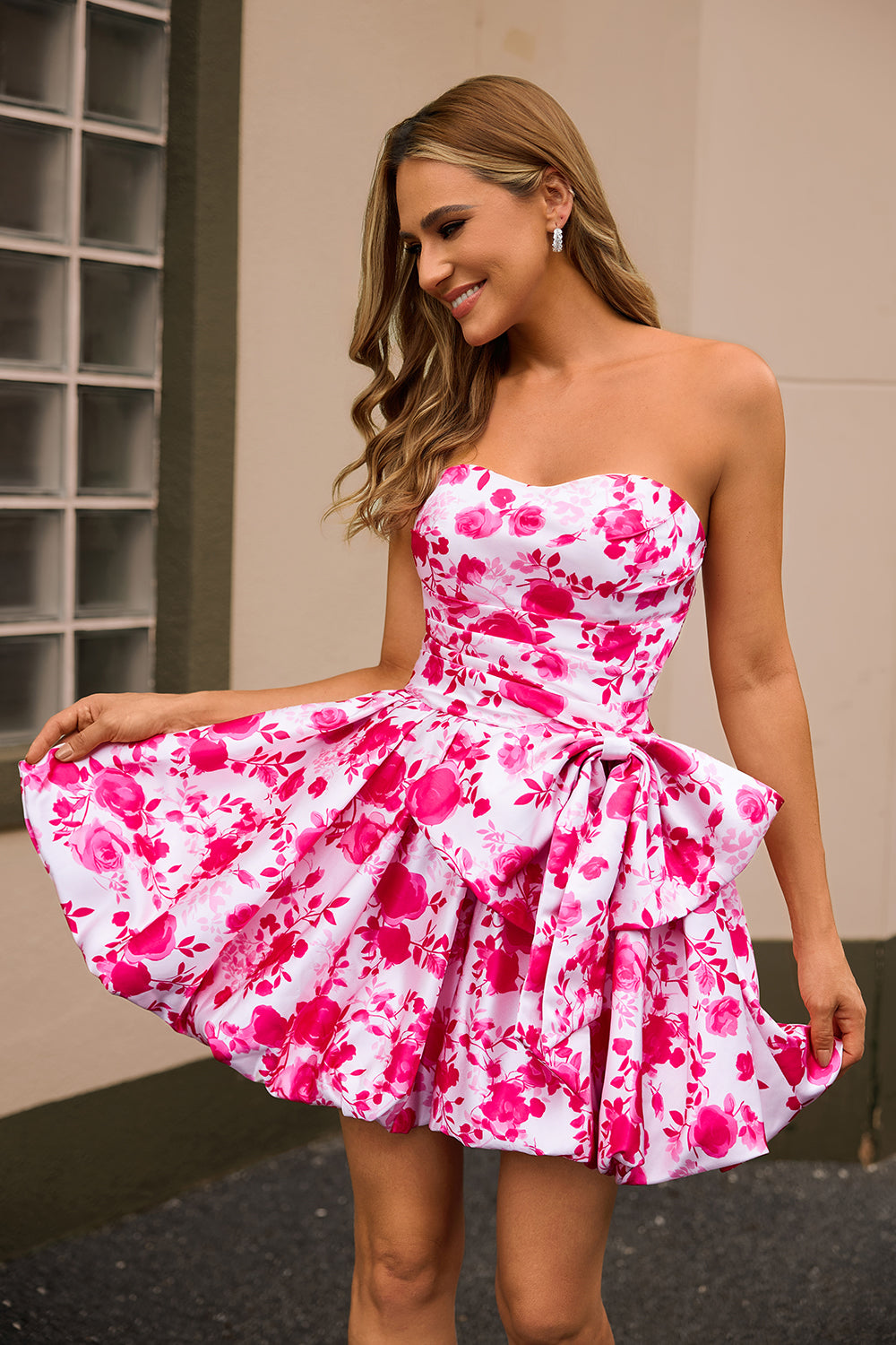 Floral Fuchsia A Line Strapless Short Homecoming Dress with Bow