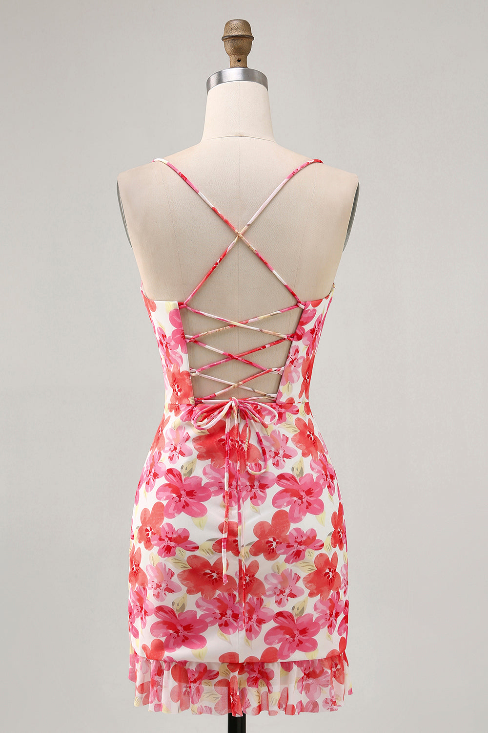 Red Floral Ruched Tight Short Homecoming Dress with Ruffles