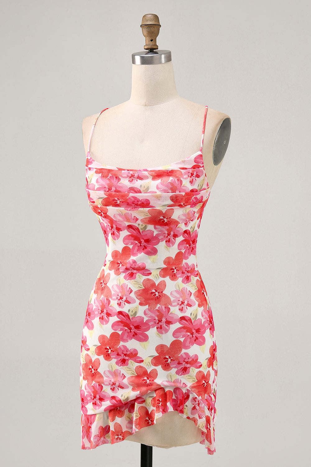 Red Floral Ruched Tight Short Homecoming Dress with Ruffles