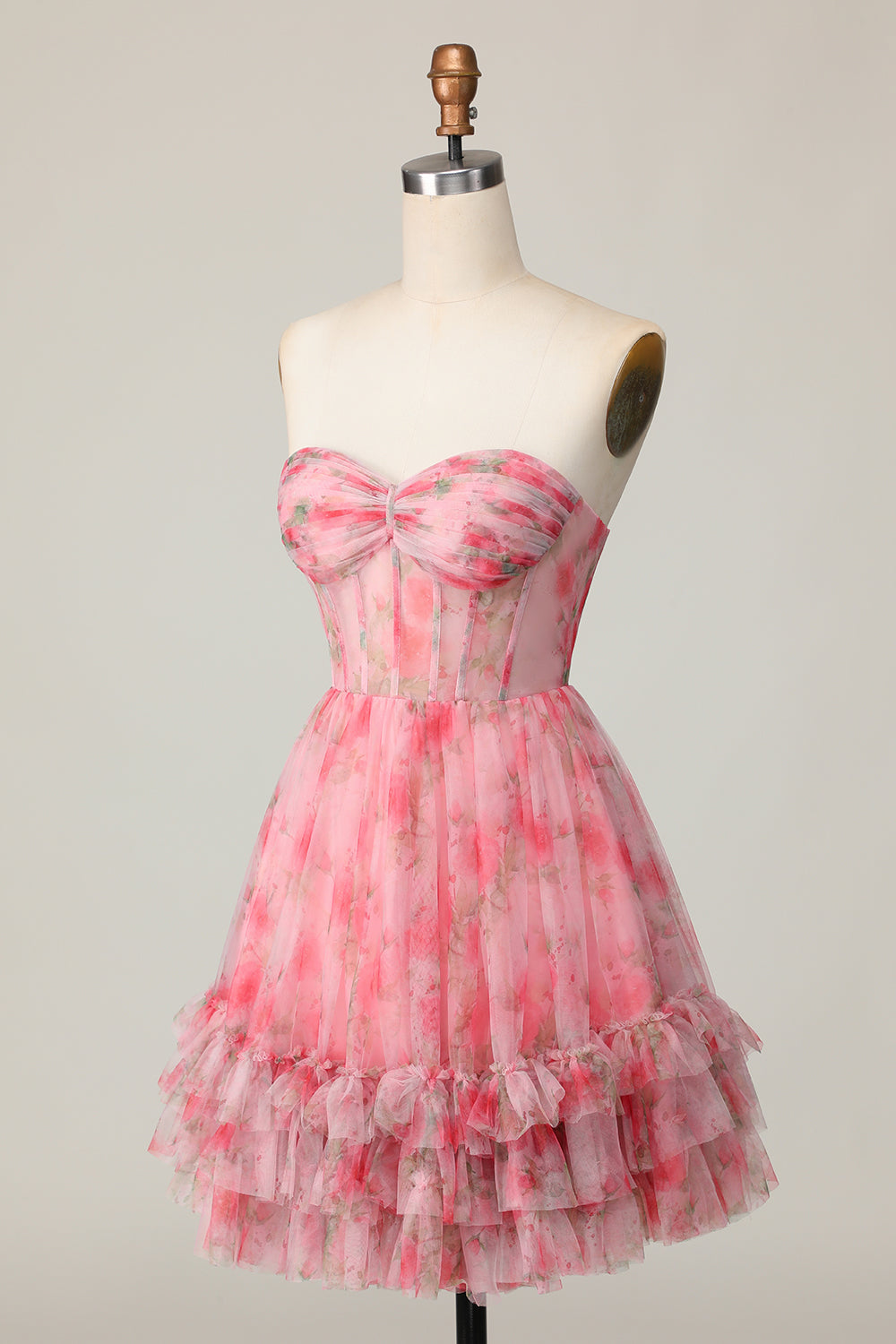 Red Floral Corset Sweetheart Short Homecoming Dress with Ruffles