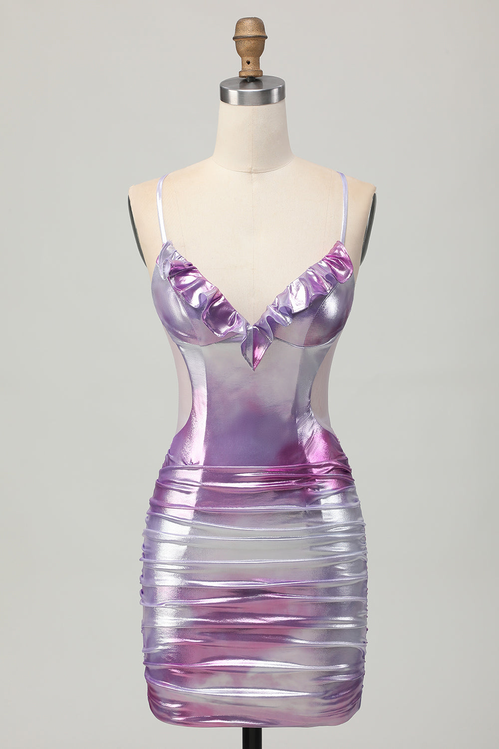 Silver Purple Tight Spaghetti Straps Short Metallic Homecoming Dress