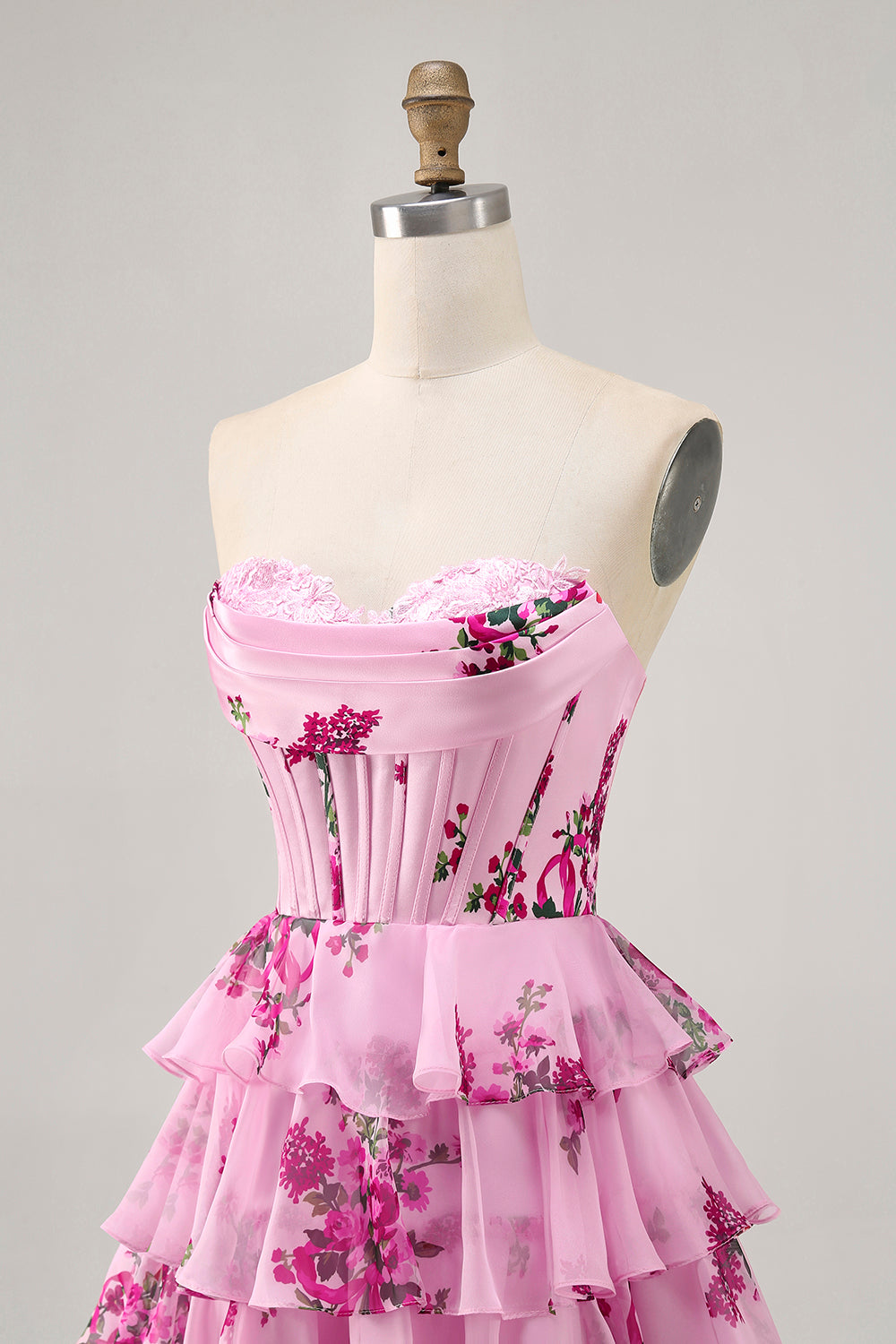 Pink Floral Sweetheart Short Corset Homecoming Dress with Ruffles
