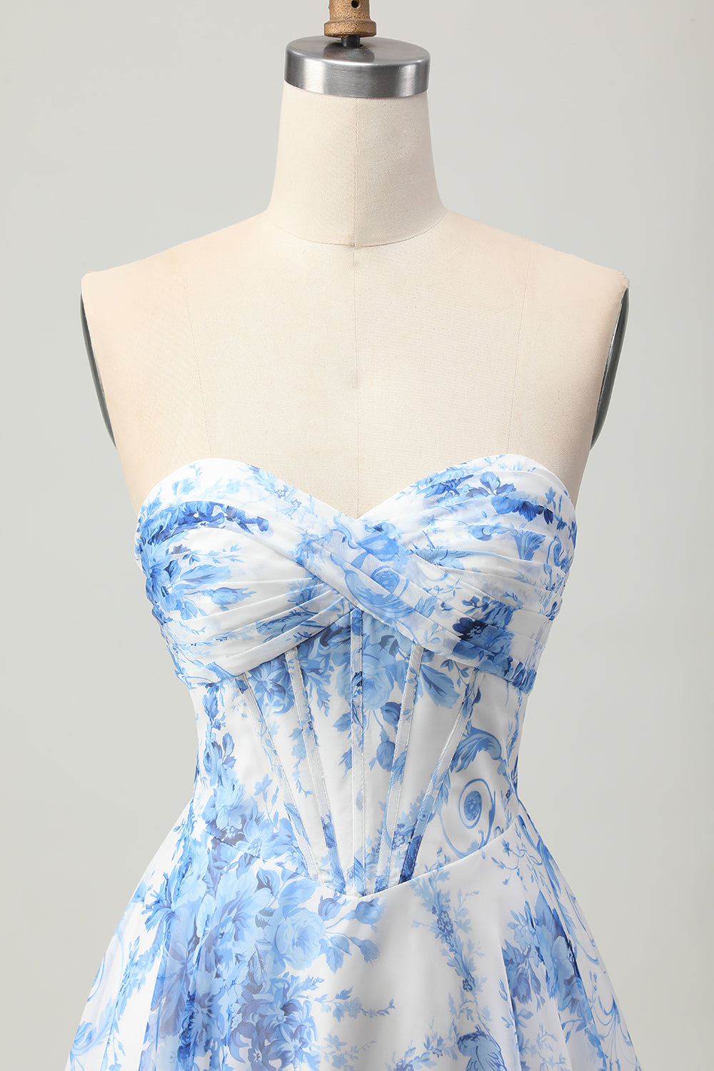 White Blue Flower Corset A Line Short Homecoming Dress