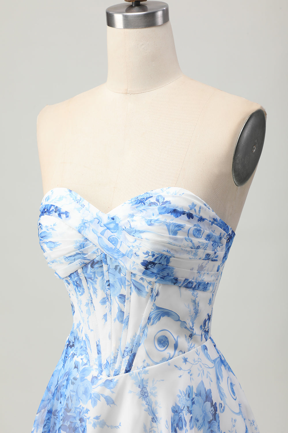 White Blue Flower Corset A Line Short Homecoming Dress