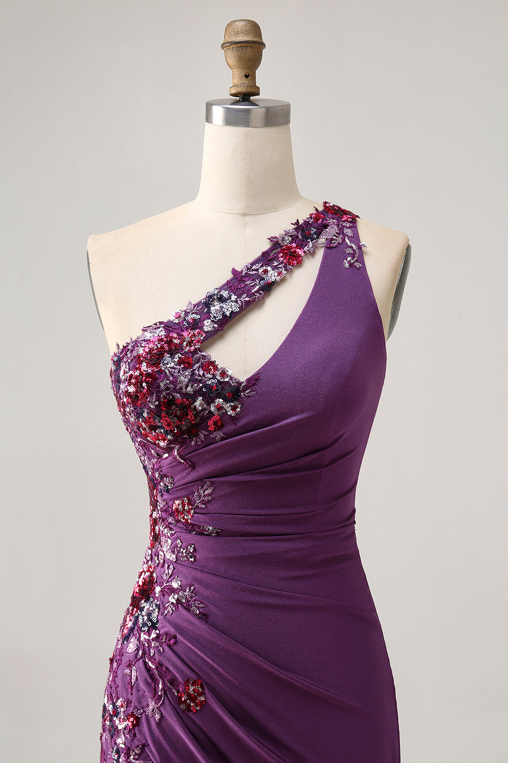 Sparkly Dark Purple Floral Tight One Shoulder Short Homecoming Dress