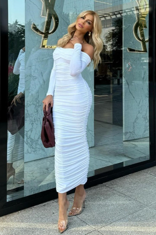 Solid Color Off-Shoulder Ruched Long Sleeve Maxi Dress