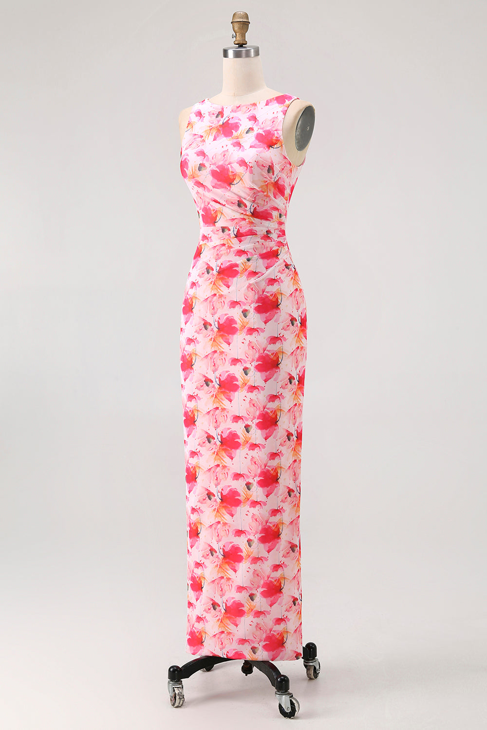 Pink Floral Boat Neck Chiffon Sheath Long Wedding Guest Dress
