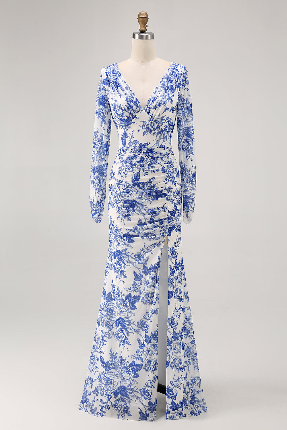 Blue Floral Long V-Neck Wedding Guest Dress with Sleeves