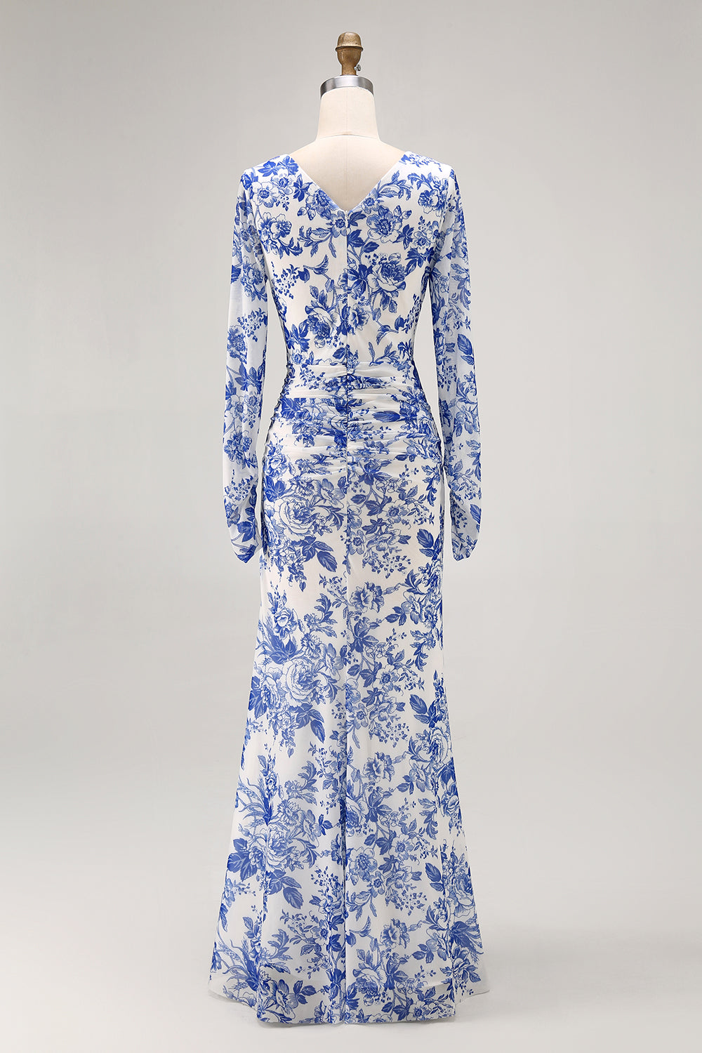Blue Floral Long V-Neck Wedding Guest Dress with Sleeves