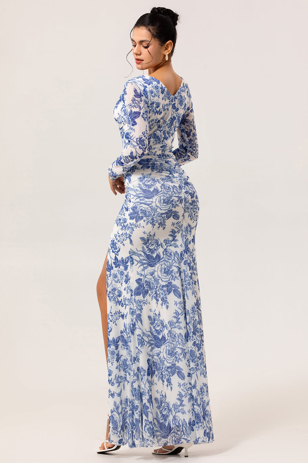 Blue Floral Long V-Neck Wedding Guest Dress with Sleeves