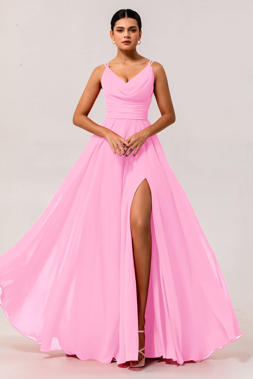 Hot Pink Chiffon A Line Long Wedding Guest Dress with Slit