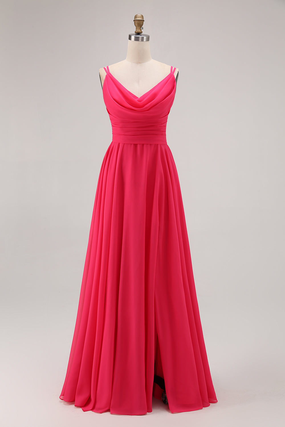 Hot Pink Chiffon A Line Long Wedding Guest Dress with Slit