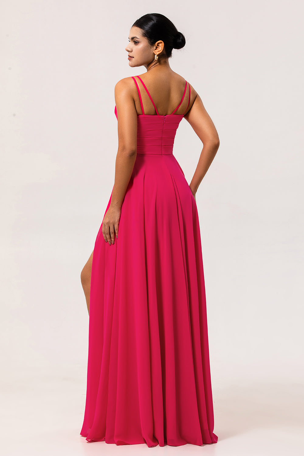 Hot Pink A Line Chiffon Long Wedding Guest Dress with Slit