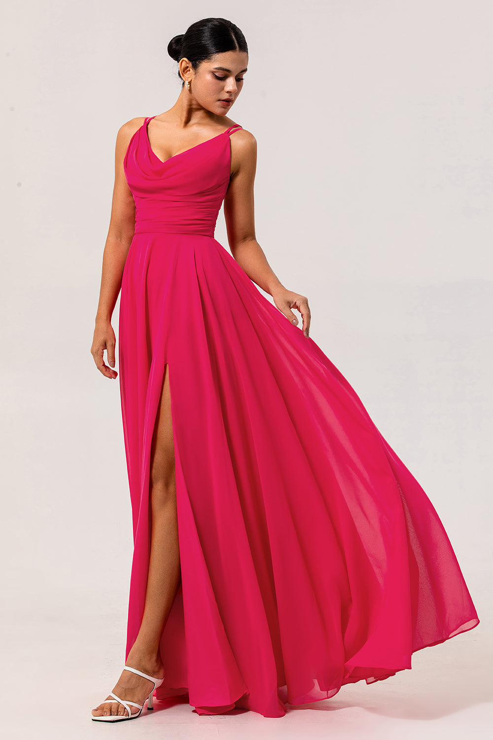 Hot Pink Chiffon A Line Long Wedding Guest Dress with Slit