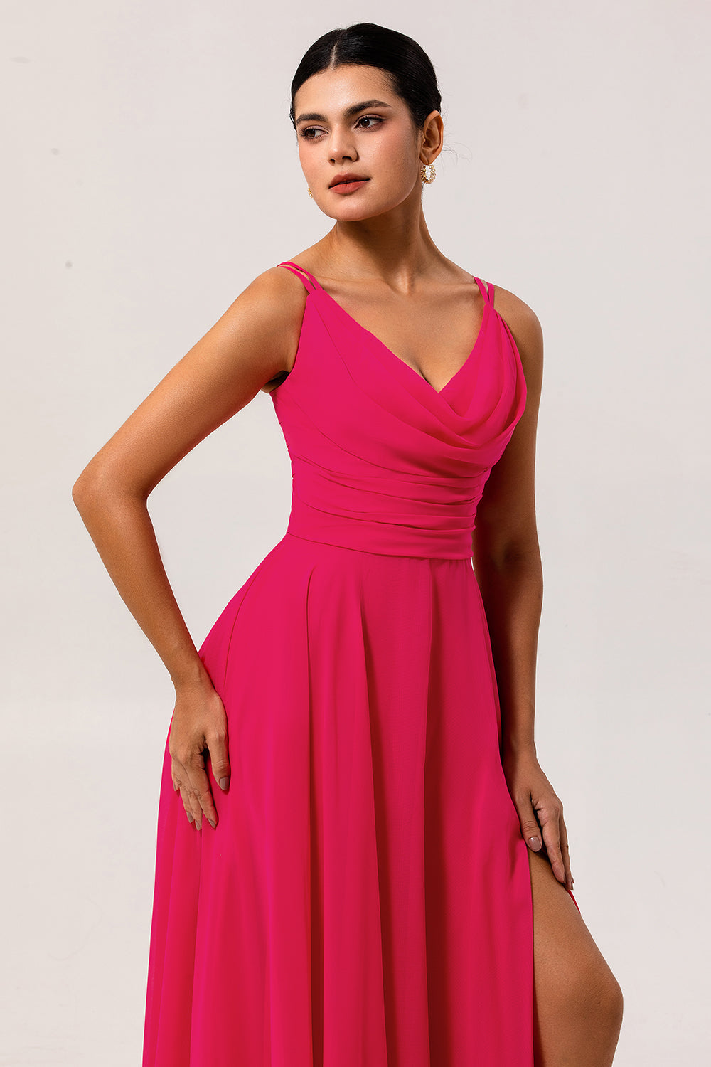 Hot Pink Chiffon A Line Long Wedding Guest Dress with Slit