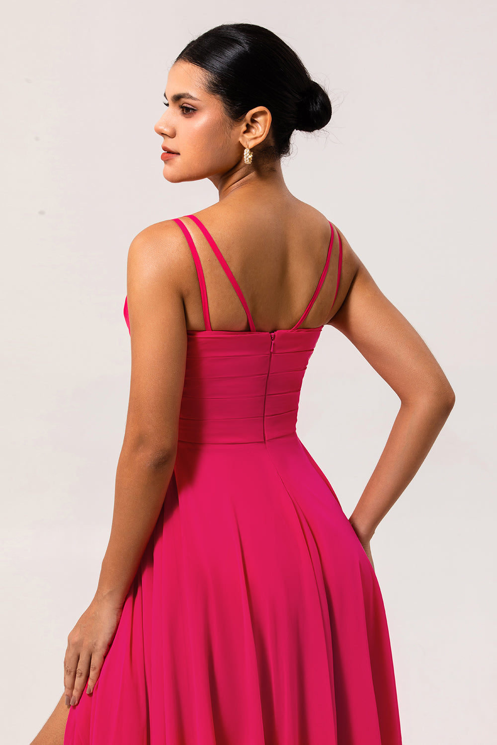 Hot Pink Chiffon A Line Long Wedding Guest Dress with Slit