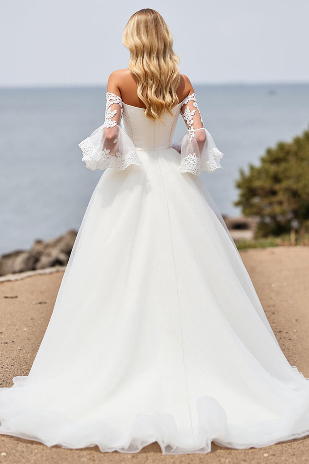 Ivory Off the Shoulder Sweep Train A Line Wedding Dress with Lace