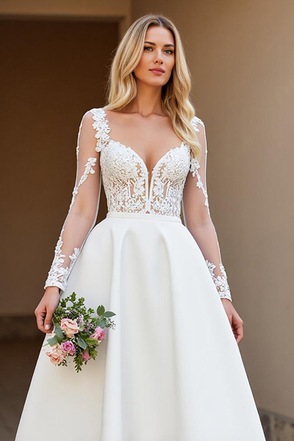 Ivory Satin A Line Backless Sweep Train Wedding Dress with Sleeves