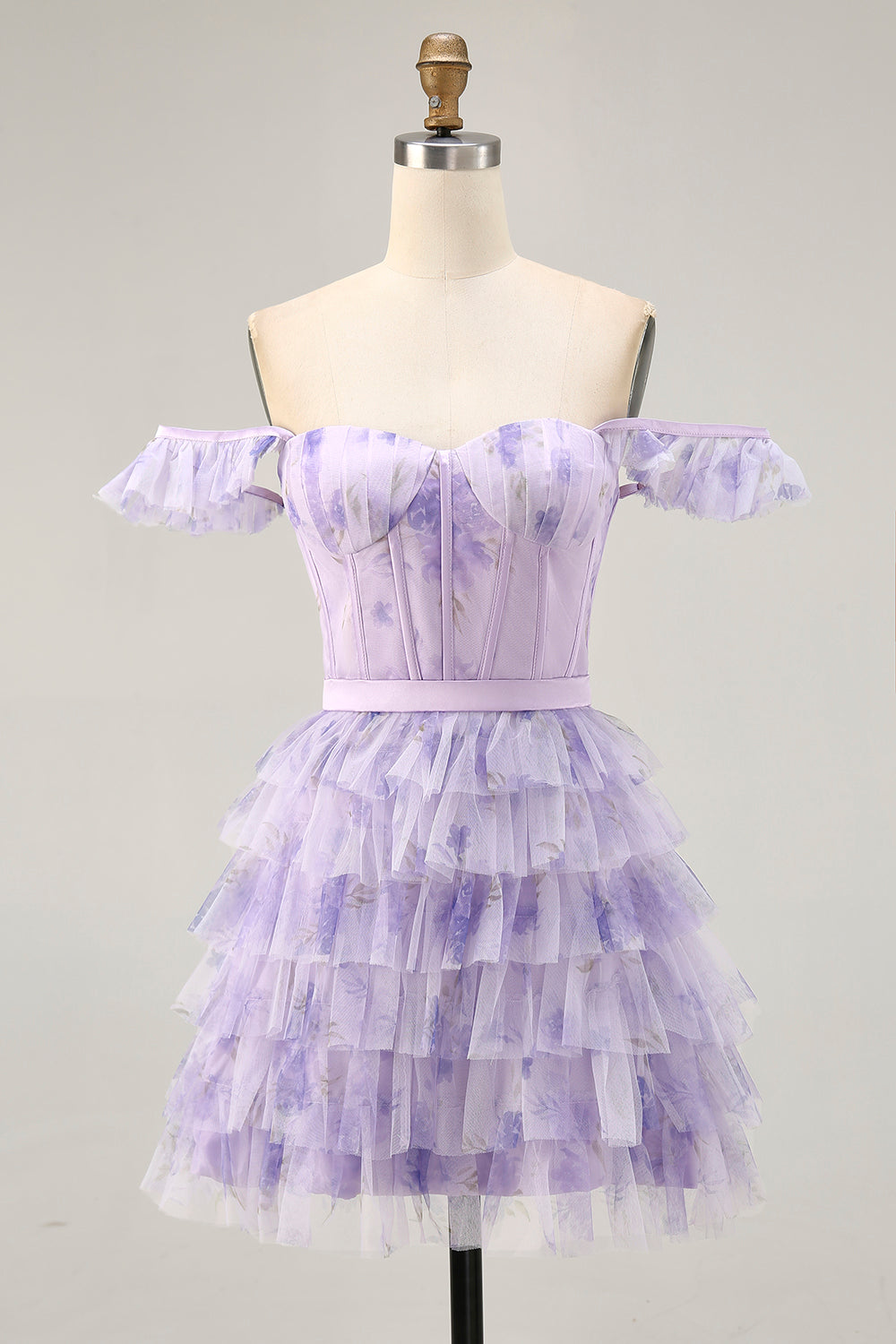 Lilac Corset Tiered Short Floral Homecoming Dress with Ruffles