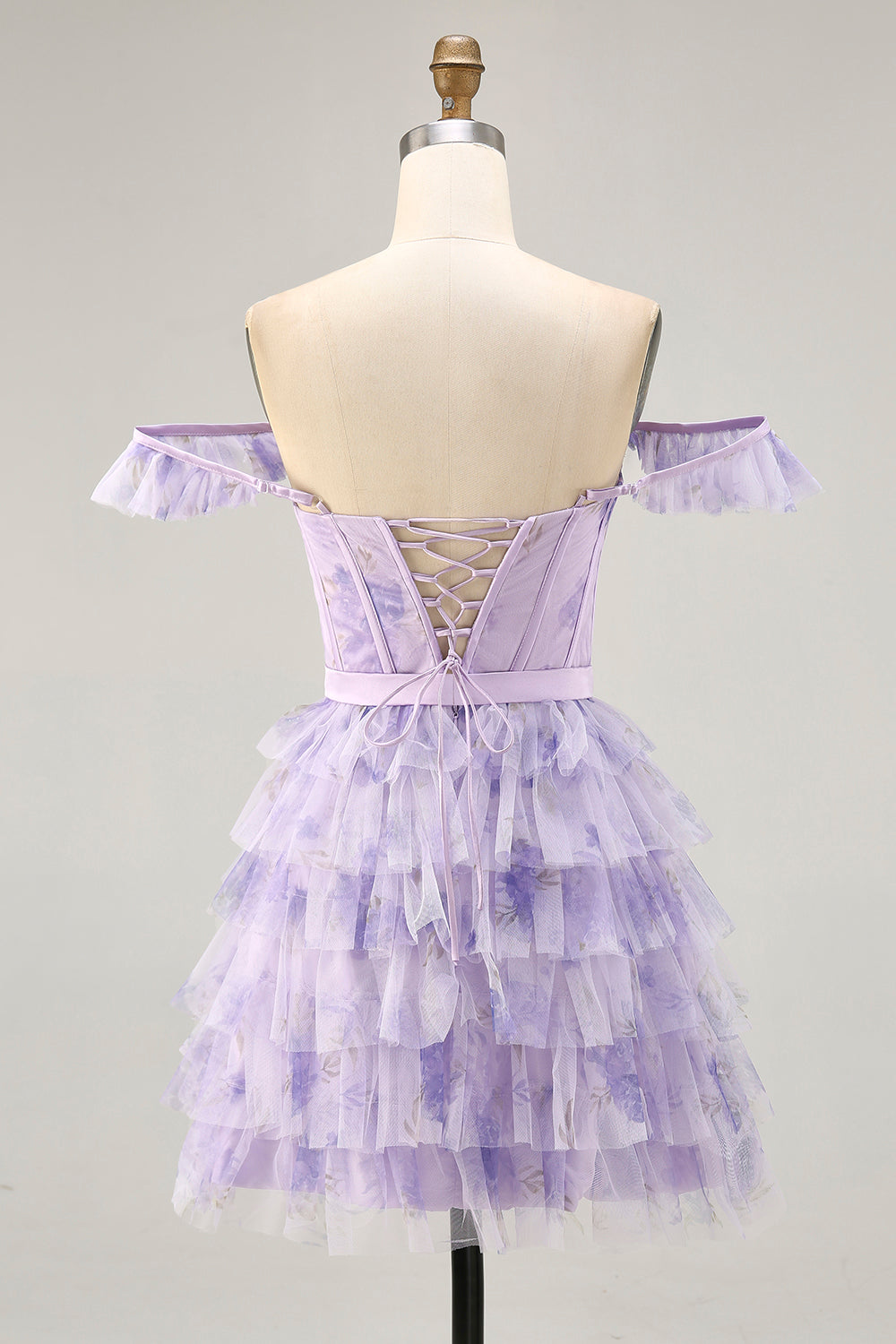 Lilac Corset Tiered Short Floral Homecoming Dress with Ruffles