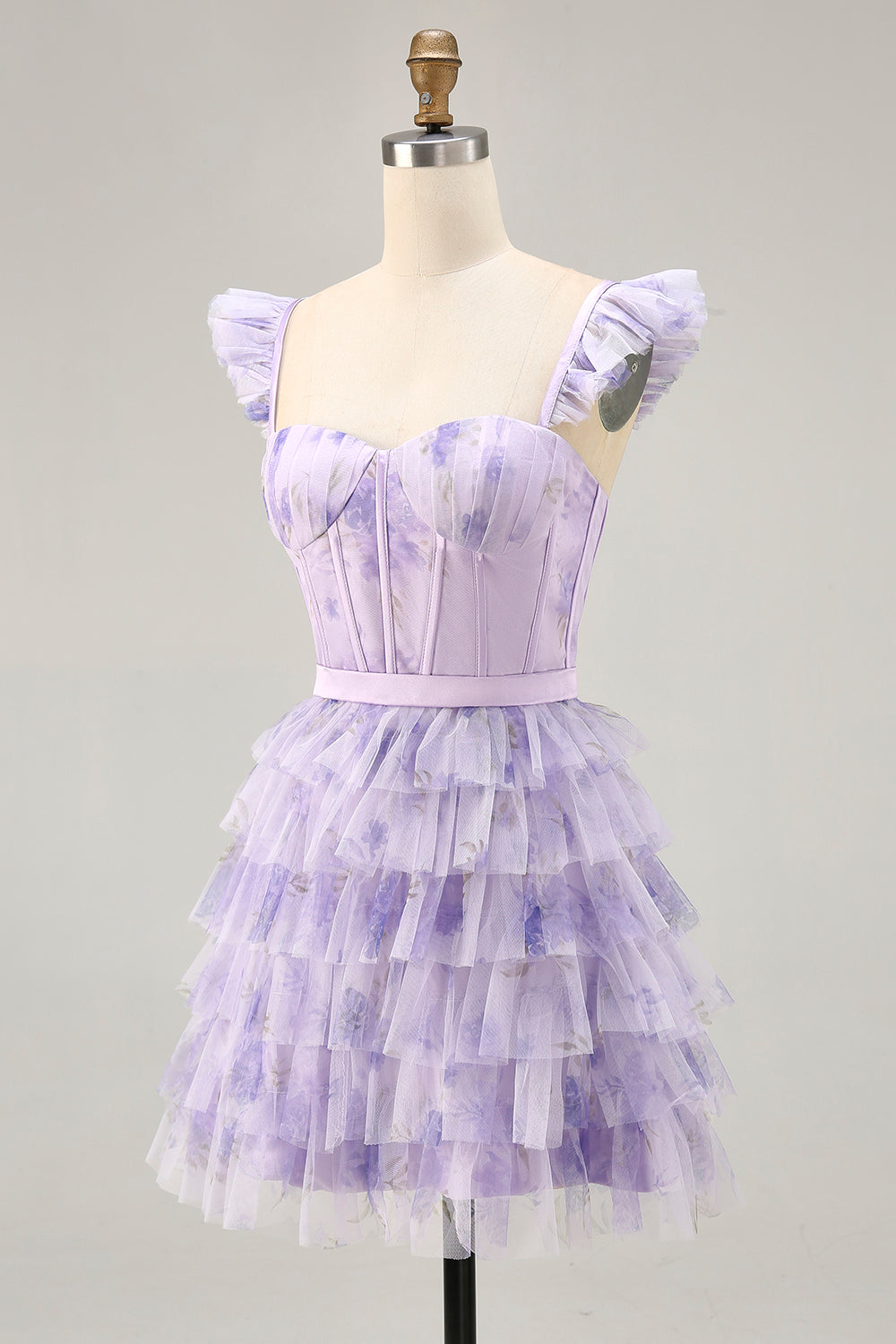Lilac Corset Tiered Short Floral Homecoming Dress with Ruffles