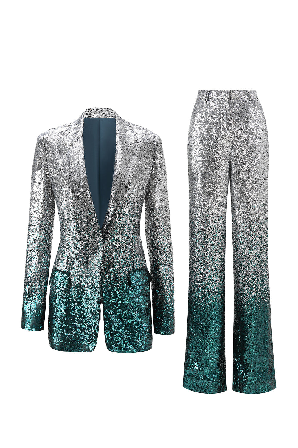 Sparkly Silver and Peacock 2 Piece Sequin Women Prom Suits