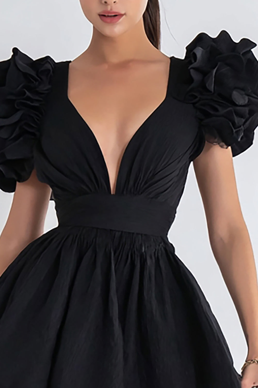A Line V Neck Short Little Black Dress with Ruffles